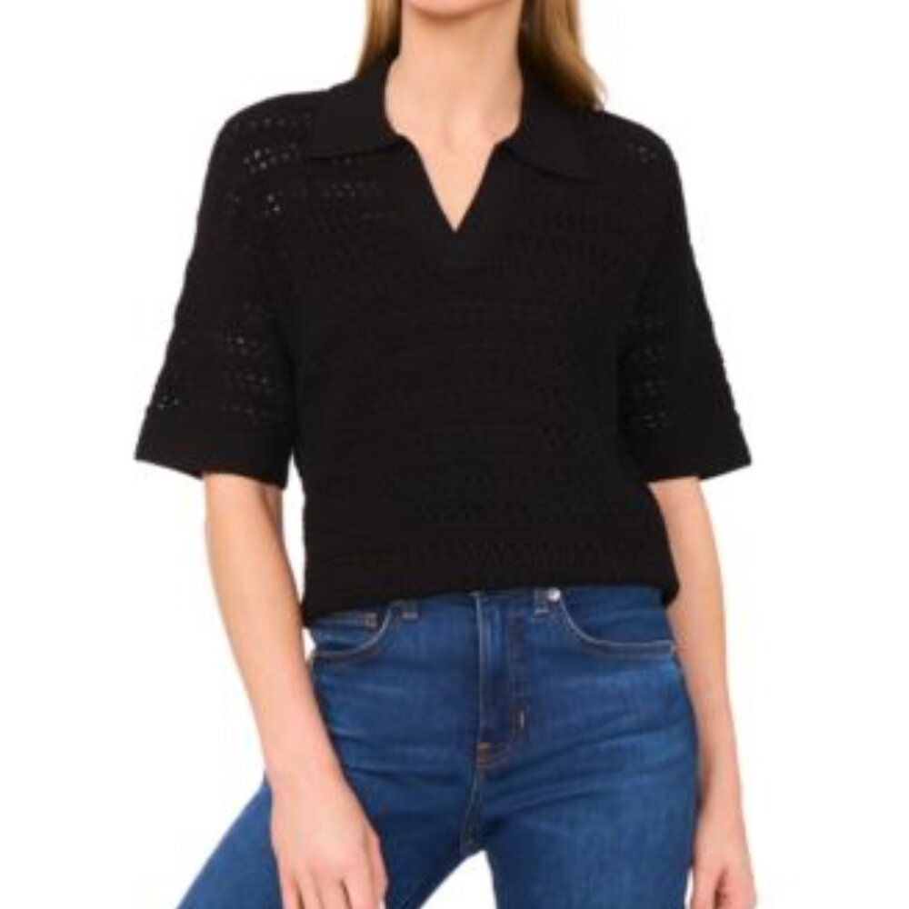 CeCe Women's Open-Knit Short-Sleeve Polo Sweater